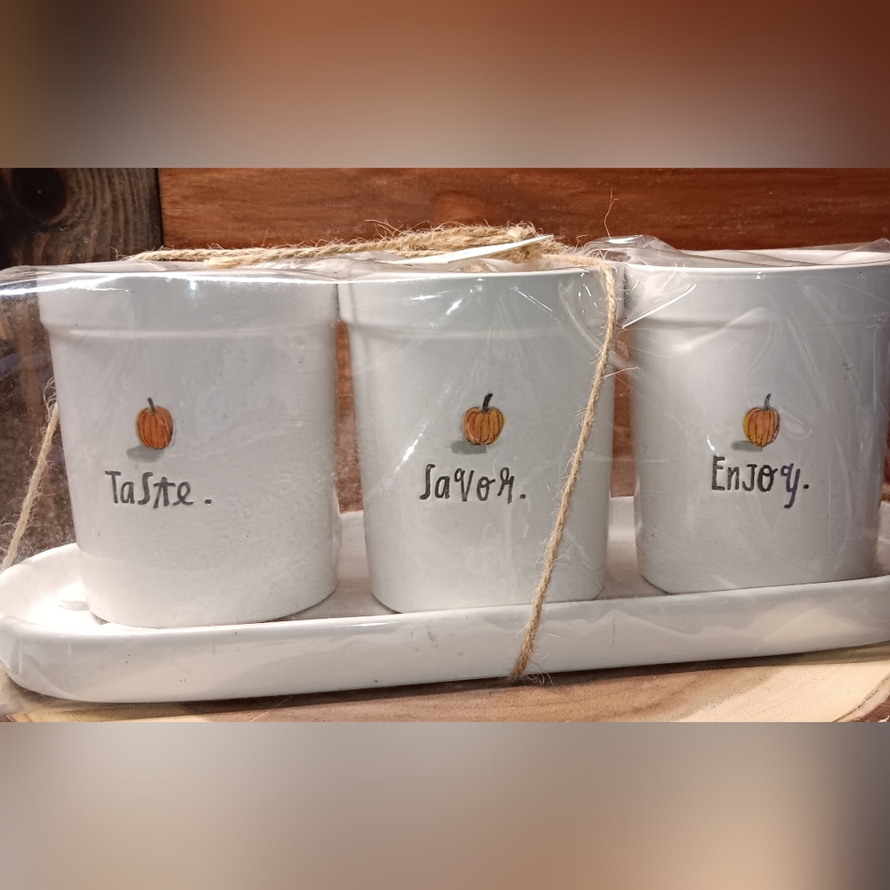 Rae Dunn TASTE SAVOR ENJOY 3 Pumpkin planters with drip tray